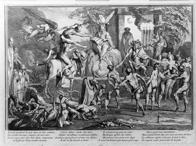 Cérémonie du sabbat, démons, sorcières et créatures monstrueuses dansant. Gravure de Gillet - Claude Gillot