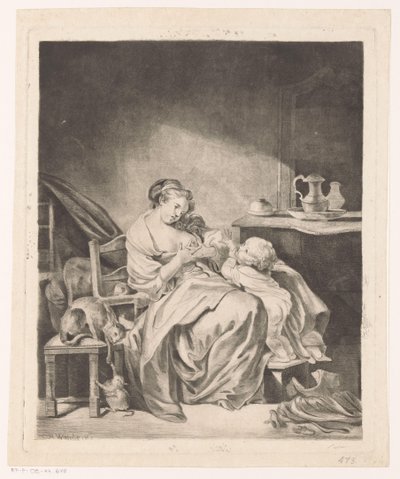 Intérieur avec une femme assise nourrissant son enfant - Claude Henri Watelet