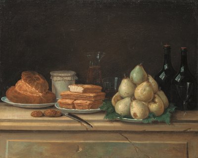 Poires et pain sur des assiettes, avec des bouteilles de vin et des verres sur un rebord de pierre - Claude Joseph Fraichot
