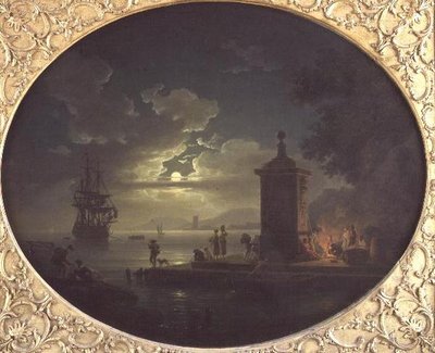 Nuit : Un paysage côtier au clair de lune avec des pêcheurs près d