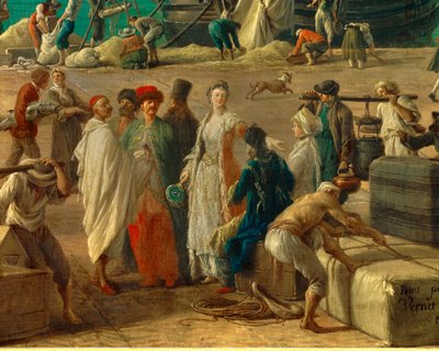 (détail) Le port de Marseille au XVIIIe siècle. Détail représentant le déchargement des marchandises. Peinture de Joseph Vernet (1714-1789) XVIIIe siècle Paris. Musée de la Marine - Claude Joseph Vernet