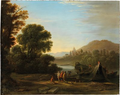 French: Paysage avec personnages chargeant du bois sur un bateau Landscape with figures loading timber onto a boat - Claude Lorrain
