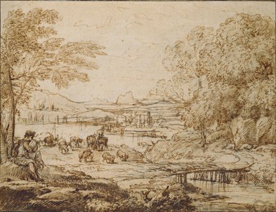 Jeune homme jouant de la flûte dans un paysage pastoral - Claude Lorrain