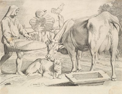 Scène de campagne avec un paysan, une vache et un veau - Claude Mellan