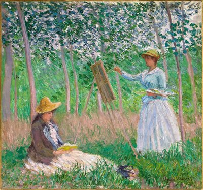 Dans les bois à Giverny - Blanche Hoschedé à son chevalet avec Suzanne Hoschedé lisant - Claude Monet