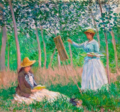 Dans les bois de Giverny : Blanche Hoschedé à son chevalet avec Suzanne Hoschedé lisant, 1887 - Claude Monet