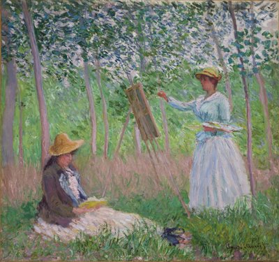 Dans les bois à Giverny : Blanche Hoschedé à son chevalet avec Suzanne Hoschedé lisant, 1887 - Claude Monet