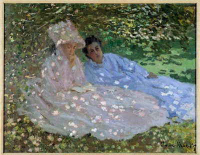 Madame Monet et une amie dans le jardin. Deux femmes assises à l