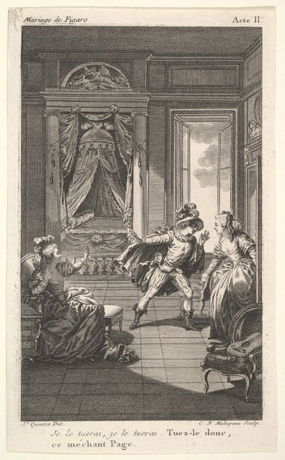 Un homme se penche vers une femme debout dans une porte à droite, à gauche une femme assise lève..., vers 1784 - Claude Nicolas Malapeau
