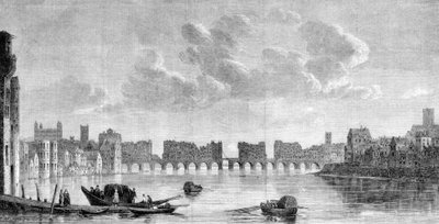 Le vieux pont de Londres détruit par le grand incendie de 1666. Gravure d