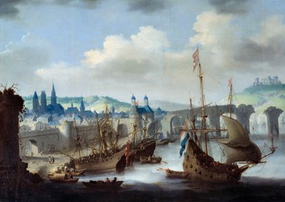 Vue de la ville de Rouen. Les navires sont amarrés sur les rives de la Seine. Peinture de Claude de Jongh - Claude de Jongh