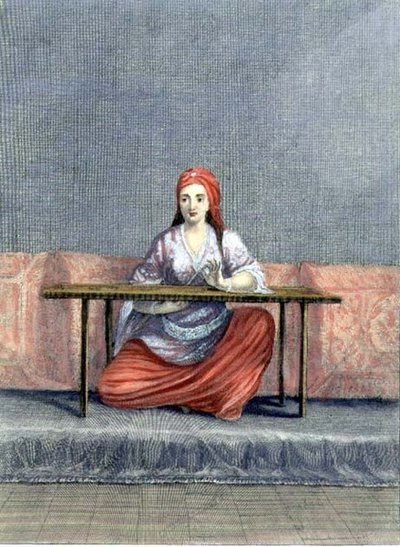 Femme turque brodant, gravée par C. du Bose, début du XVIIIe siècle - Claude du Bose