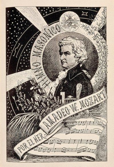 Représentation du compositeur autrichien Wolfgang Amadeus Mozart (1756-1791), membre franc-maçon associé au Dictionnaire Encyclopédique de la Franc-Maçonnerie, fin 19e - début 20e siècle (gravure) - Claudio Castelucho