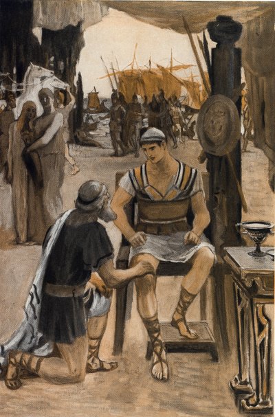 Priam rachète à Achille le corps de son fils (Hector). Illustration de Clément Gontier pour « L