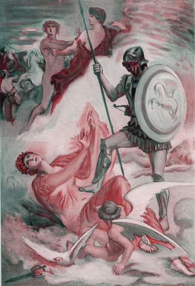 Vénus blessée par Diomède en essayant de sauver son fils Énée. Illustration de Clément Gontier (1876-1918) pour 