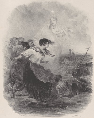 Femme près de la mer avec la Madone, pointant vers un navire - Célestin Nanteuil