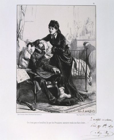Guerre franco-prussienne 1870-1871 : Un soldat blessé soigné et nourri. D
