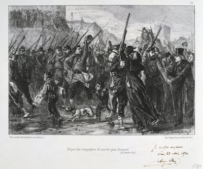 Guerre franco-prussienne 1870-1871 : Bataille de Buzenval (Mont Valérien) près de Versailles, 19 janvier 1871. Garde nationale marchant vers la bataille et la défaite. D