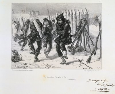 Guerre franco-prussienne 1870-1871. Siège de Paris 19 sept 1870-28 jan 1871. Soldats sur les remparts sautant pour se réchauffer. D
