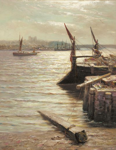 Barges amarrées au bord de la rivière - Colin Hunter