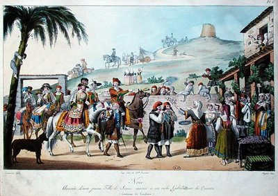 Procession de mariage dans la région de Cagliari, Italie, gravée par Bezard 1825 - Cominotti Cominotti