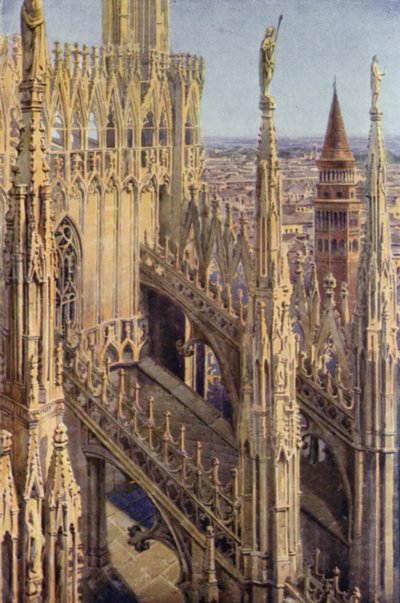 Une aile du Duomo et la Tour de Saint Gottardo, Milan - Commendator Formilli