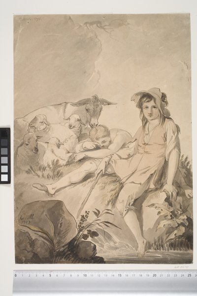 Scène pastorale avec deux enfants et des animaux - Conrad Martin Metz