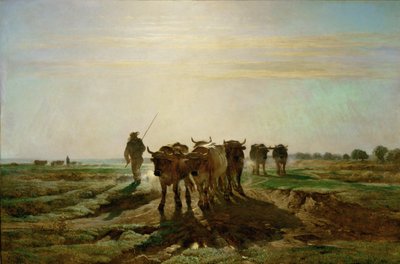 Boeufs se rendant au travail - bovins se rendant au travail, matin. 1855 ... - Constant-Emile Troyon
