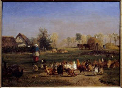 La provende des poules La basse cour - Constant Emile Troyon