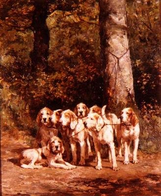 Chiens de chasse dans un paysage boisé - Constant Emile Troyon