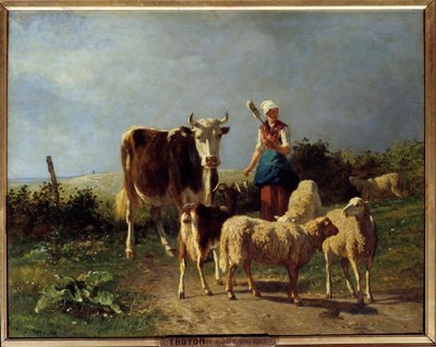 Un berger avec une vache et des moutons - Constant Emile Troyon