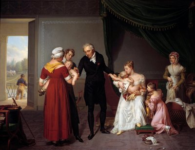 Alibert vaccinant un enfant au château de Liancourt. Cette image représente une vaccination contre la variole, selon le principe d