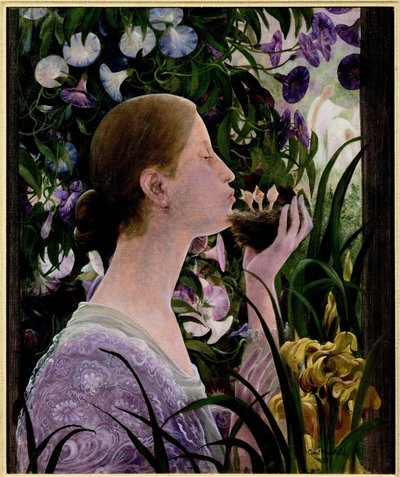 Le nid. Jeune femme de profil, dans un jardin fleuri, tenant un nid à la main et donnant un baiser aux bébés oiseaux - Constant Montald