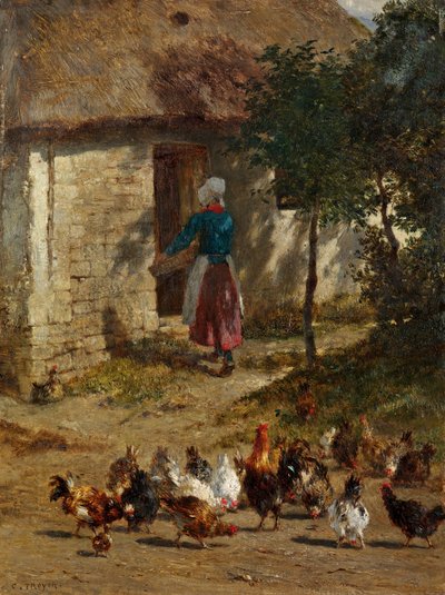 Poules devant une ferme - Constant Troyon
