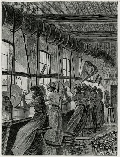 Un atelier de femmes à la verrerie du Val Saint Lambert. Gravure par C.Meunier pour illustrer le récit « La Belgique », par Camille Lemonnier (1844-1913), écrivain et critique d