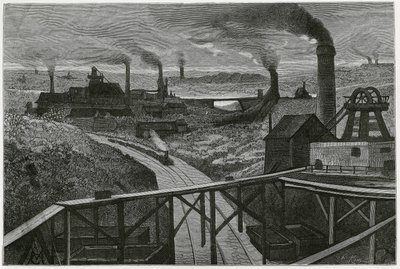 Exploitation minière et terrils. Gravure pour illustrer l