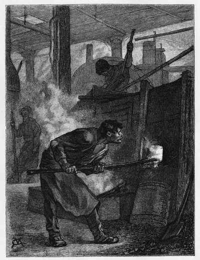 Puddleur à son four (ouvrier sidérurgiste responsable de remuer le fer pour le transformer en fer en brûlant le carbone), dans une usine à Jumet (ou Djumet, dans la ville de Charleroi). Gravure par Constant Meunier, pour illustrer le récit « Belgique », pa - Constantin Emile Meunier