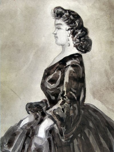 Étude de femme à mi-corps, mains dans les poches, profil à gauche - Constantin Guys