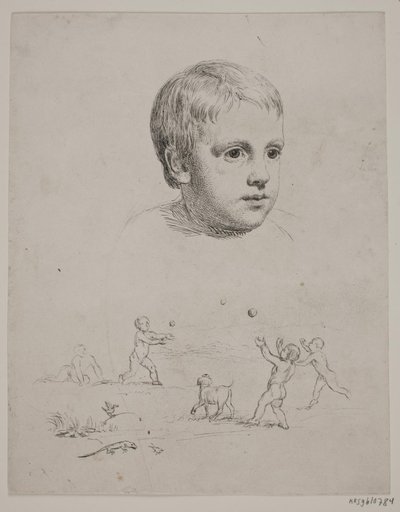 En haut portrait de T. N. Thiele enfant, en bas quatre garçons jouant à la balle - Constantin Hansen