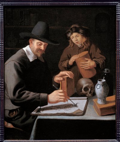Le peintre et son élève. Un apprenti observe son maître dessinant sur un carnet. Peinture (Vanité) par Constantin Verhout (ou Voorhout) - Constantin Verhout or Voorhout