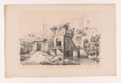 Pont avec une tour couverte de végétation (Het Landschap) - Constantinus Cornelis Huysmans