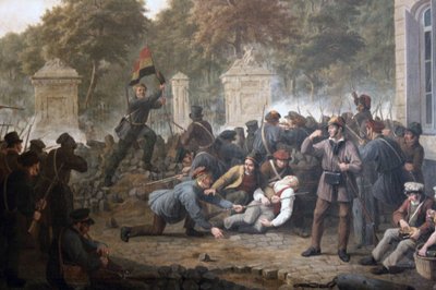 Barricade révolutionnaire face au parc de Bruxelles pendant les combats entre les rebelles belges et les forces néerlandaises en 1830 - Constantinus Fidelio Coene