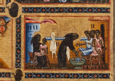 Retable de Saint François de Bardi et vingt histoires de sa vie, Chapelle Bardi, Détail du Saint enseignant les lépreux, tenant l