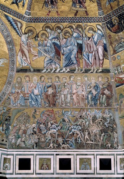 Le Jugement Dernier En bas, Satan dévore les âmes des damnés (détail des mosaïques, vers 1270) - Coppo di Marcovaldo