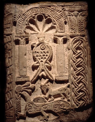 Civilisation copte : fragment mural de hauts-reliefs avec poissons - Coptic Coptic