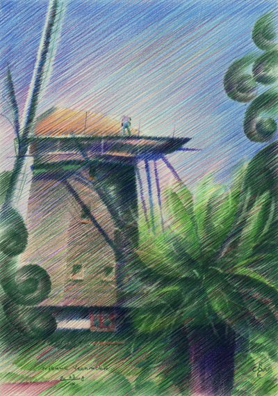 Dessin de la vue sur le moulin à vent - Corné Akkers