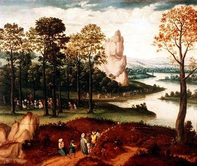 Paysage fluvial boisé étendu avec Saint Jean-Baptiste prêchant - Cornelis (after) Massys