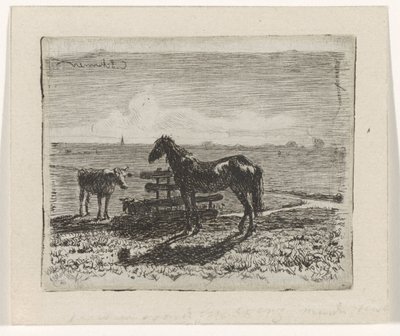 Prairie avec un cheval et deux vaches - Cornelis Albertus Johannes Schermer