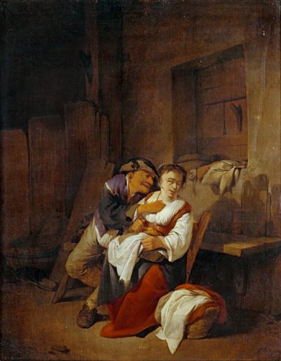 Vieillard lutinant une jeune femme dans un interieur … - Cornelis Bega