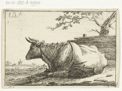 Paysage avec une vache couchée avec une couverture sur le dos - Cornelis  Bisschop
